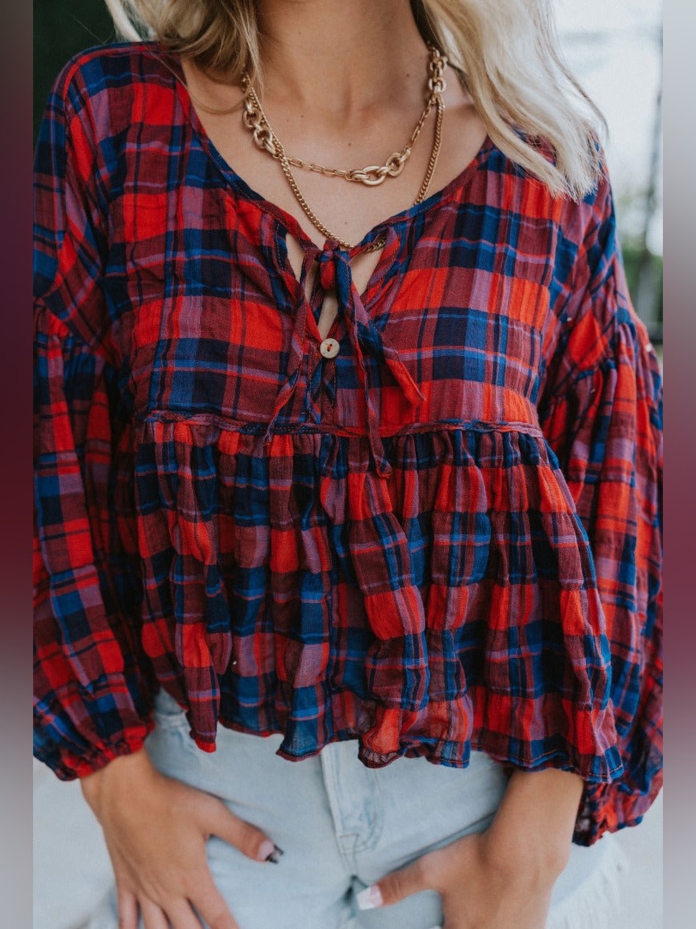 Day + Moon Plaid Babydoll Blouse Small Red Navy Ruffle Balloon Sleeve boutique